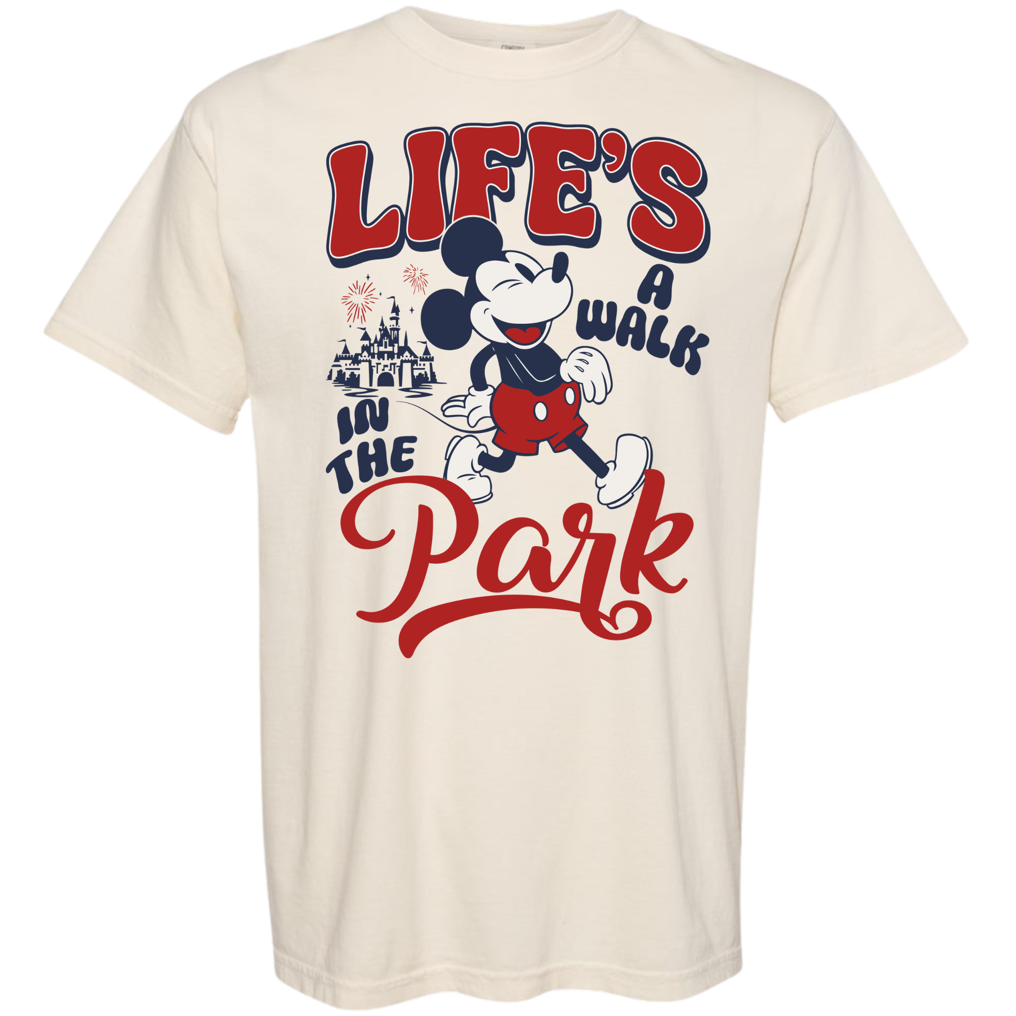 Beige t-shirt with Mickey Mouse graphic and 'Life's a Walk in the Park' text on a ivory background
